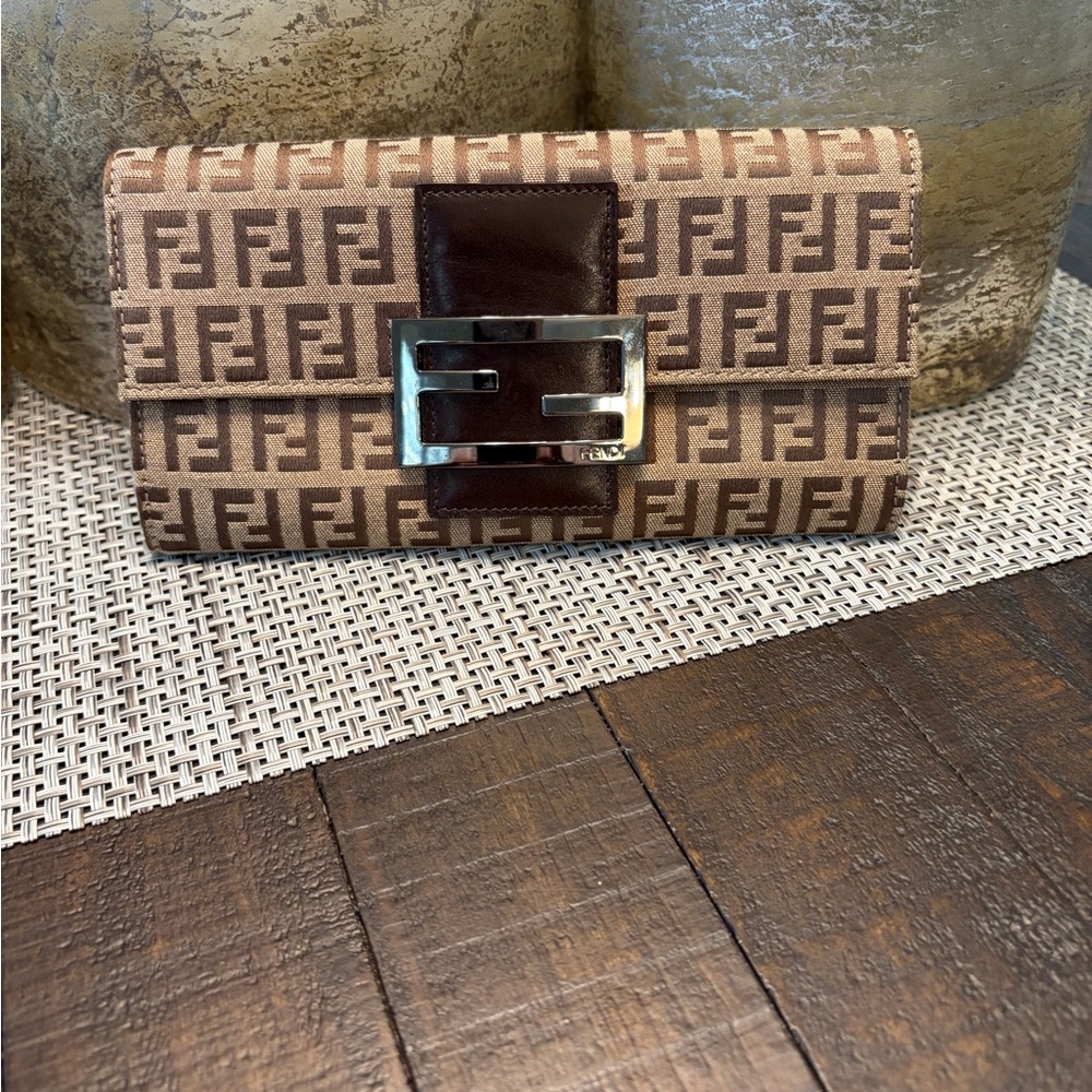 Fendi Brown Zucca Canvas Logo Wallet with Silver Buckle